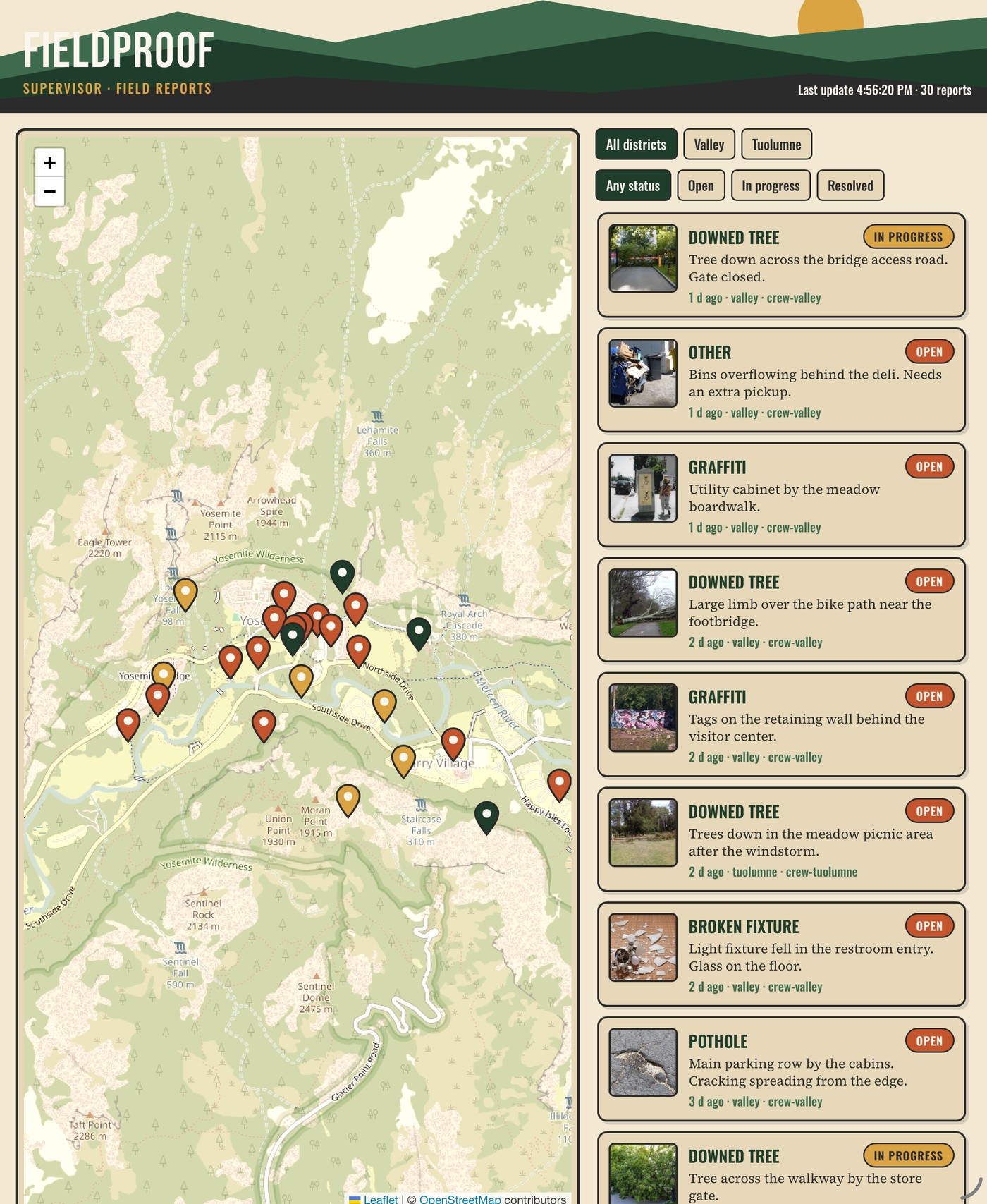 The supervisor dashboard: a map of reports with status pins and a list beside it.