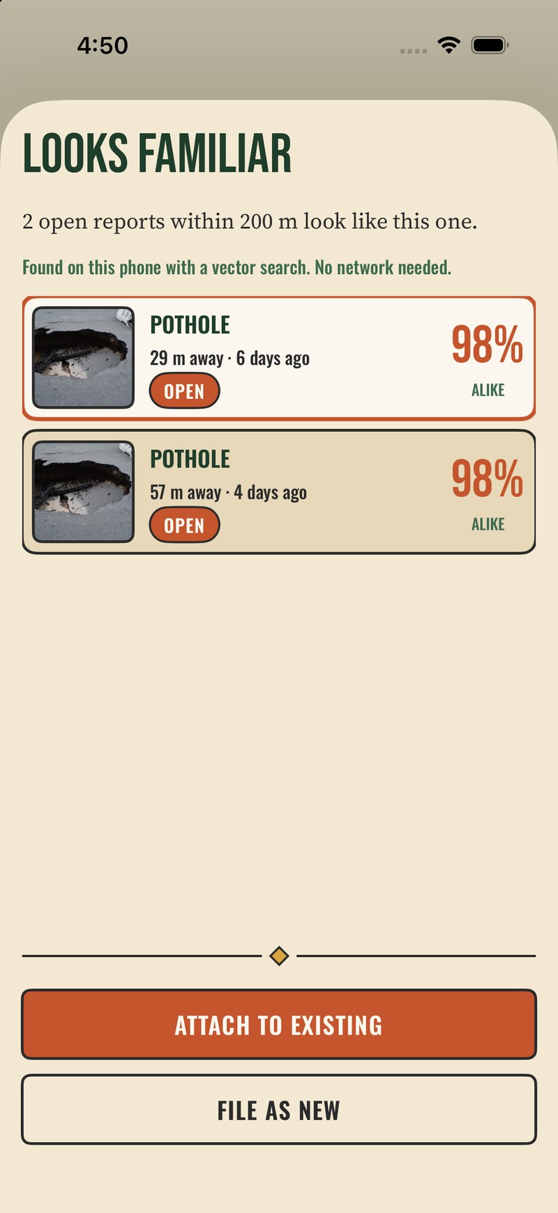 FieldProof's duplicate check: two open reports within 200 metres look like this one, 98% alike.