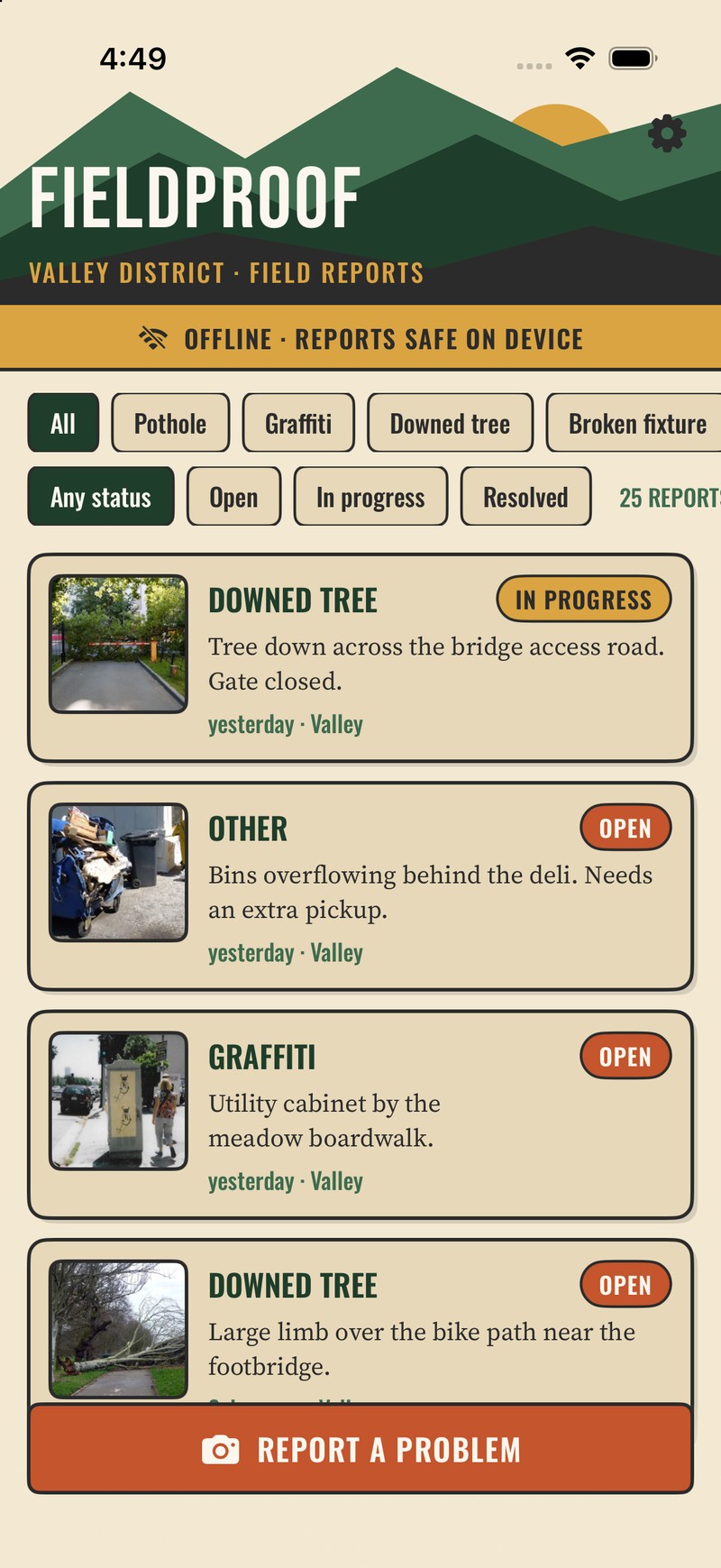 The report list with an amber banner: offline, reports safe on device.