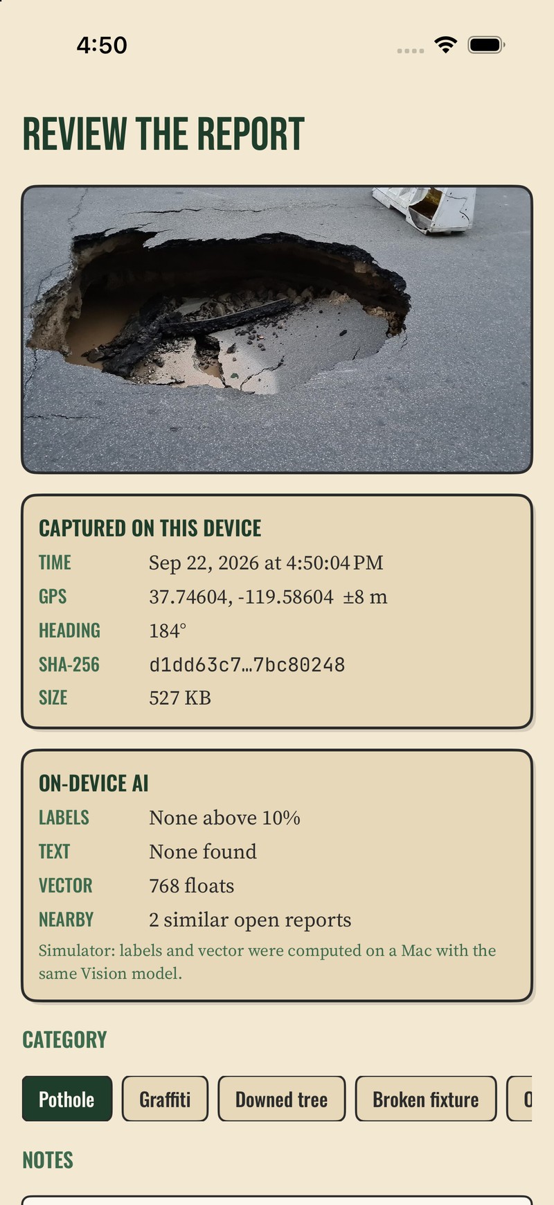 The review screen: labels, recognised text, GPS, heading, time and the SHA-256 of the photo.