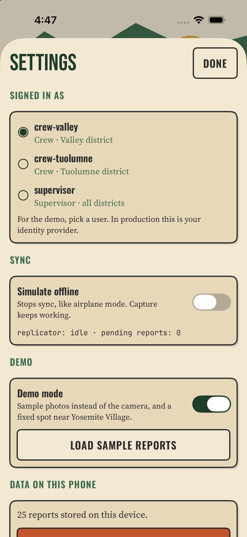 Settings: the signed-in crew member, their district, and sync status.