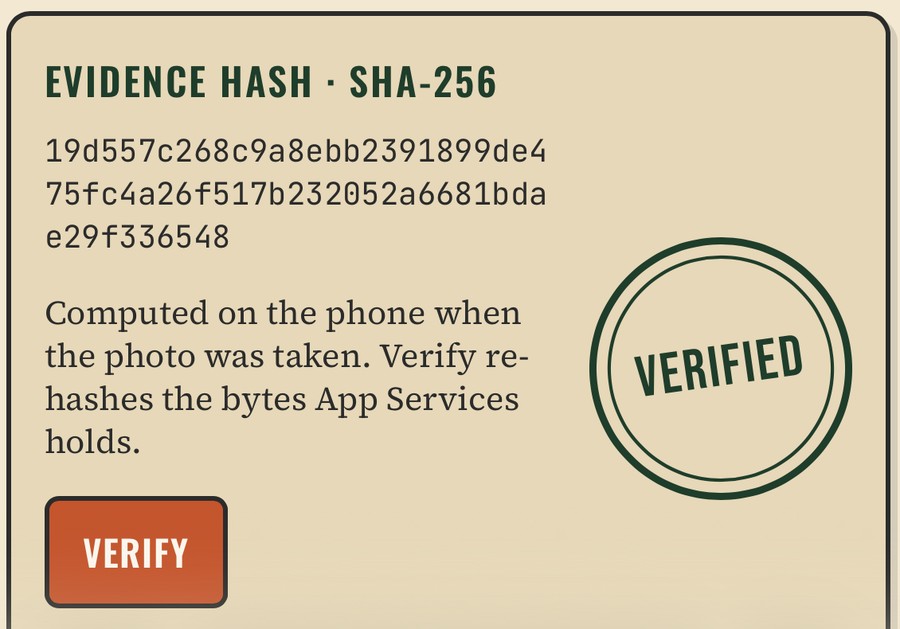 Evidence card stamped VERIFIED: the server's bytes hash to the value recorded at capture.